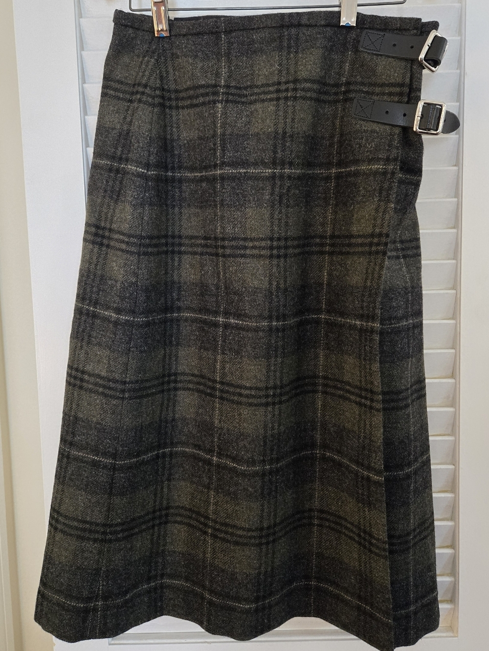 Women's Olive Green Plaid A-Line Skirt with Side Buckles